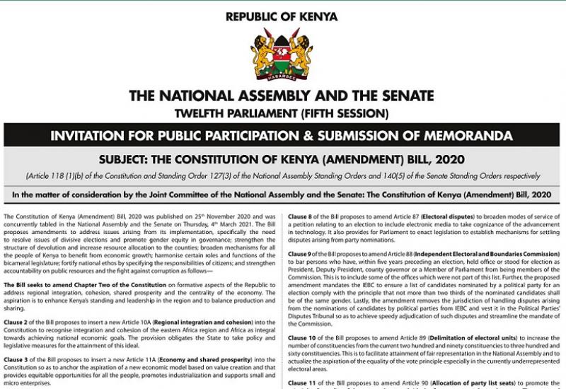 INVITATION FOR PUBLIC PARTICIPATION & SUBMISSION OF MEMORANDA ON THE ONSTITUTION OF KENYA (AMENDMENT) BILL 2020