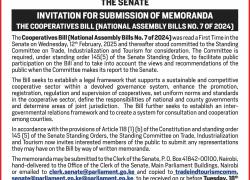 INVITATION FOR SUBMISSION OF MEMORANDA: THE COOPERATIVES BILL ( NATIONAL ASSEMBLY BILL NO. 7 OF 2024)