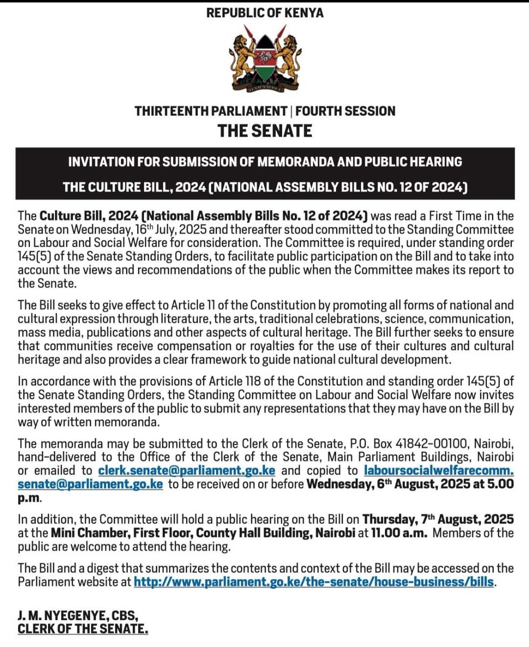 INVITATION FOR SUBMISSION OF MEMORANDA AND PUBLIC HEARING 