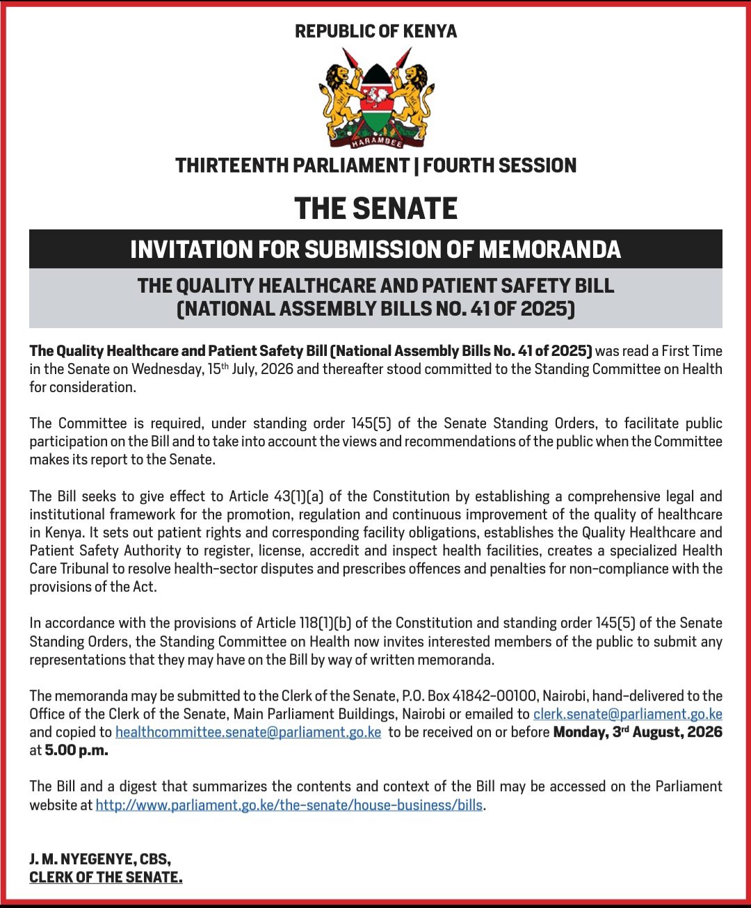 INVITATION FOR SUBMISSION OF MEMORANDA 