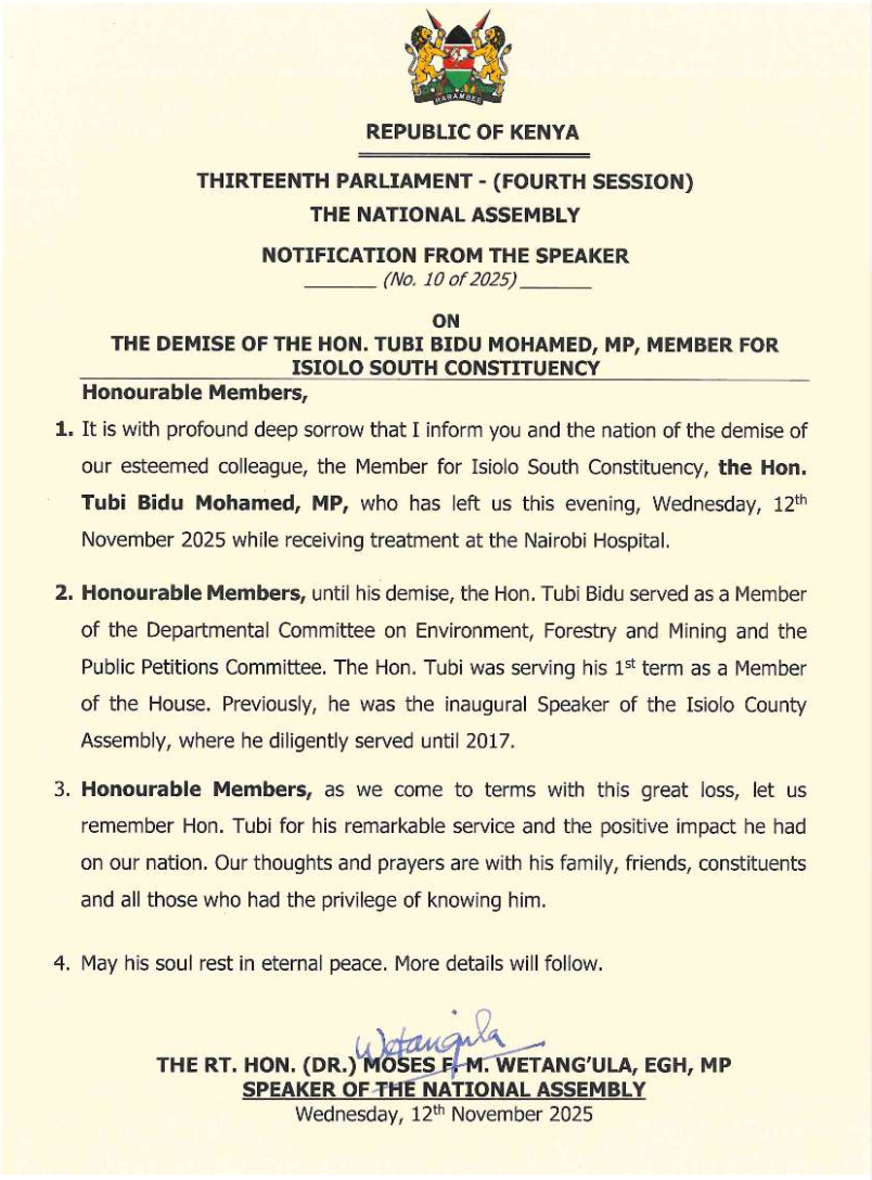 Notification No. 10 of 2025 - The demise of the Hon. Tubi Bidu, MP-Member for Isiolo South Constituency