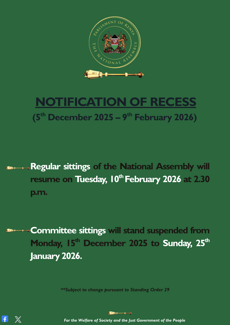 Notification of Recess Period of the National Assembly