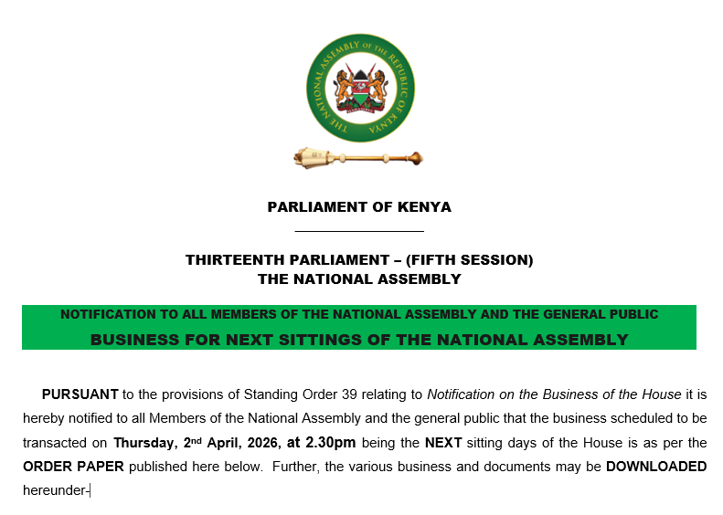 NOTIFICATION TO ALL MEMBERS OF THE NATIONAL ASSEMBLY AND THE GENERAL PUBLIC 