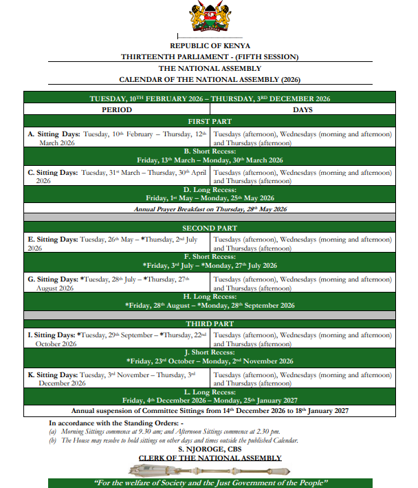 Calendar of the National Assembly for the Fifth Session (2026)