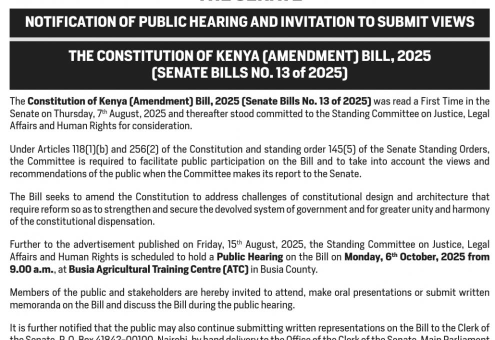 NOTIFICATION OF PUBLIC HEARING AND INVITATION TO SUBMIT VIEWS
