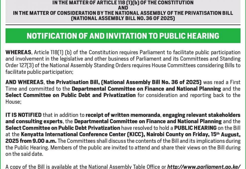 notification of invitation of public hearings 