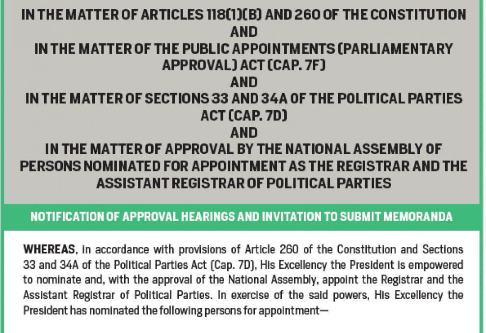 NOTIFICATION OF APPROVAL HEARINGS AND INVITATION TO SUBMIT MEMORANDA