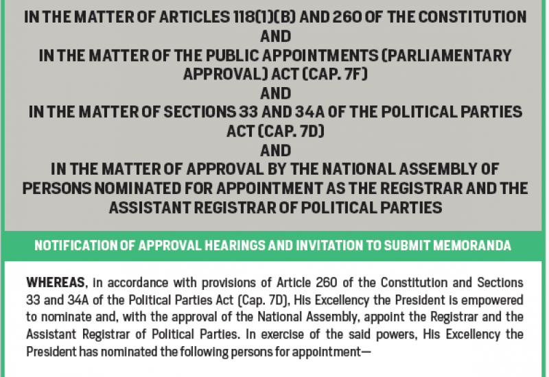 NOTIFICATION OF APPROVAL HEARINGS AND INVITATION TO SUBMIT MEMORANDA