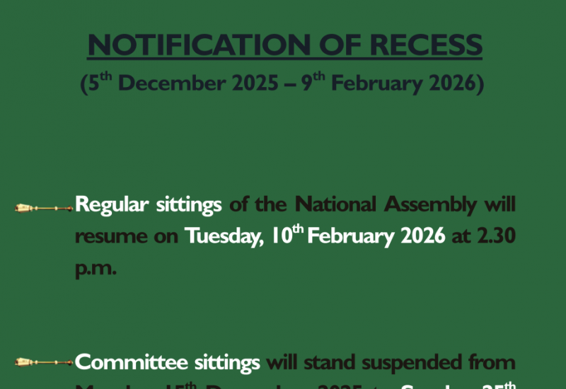 Notification of Recess Period of the National Assembly