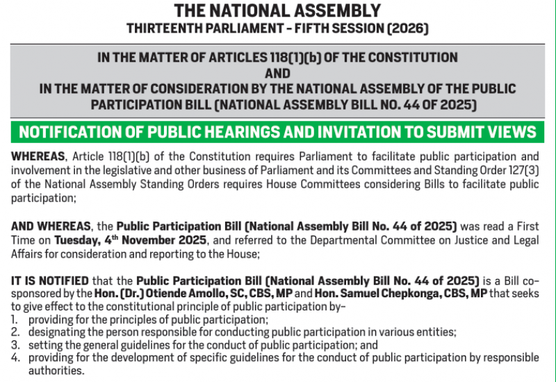 NOTIFICATION OF PUBLIC HEARINGS AND INVITATION TO SUBMIT VIEWS