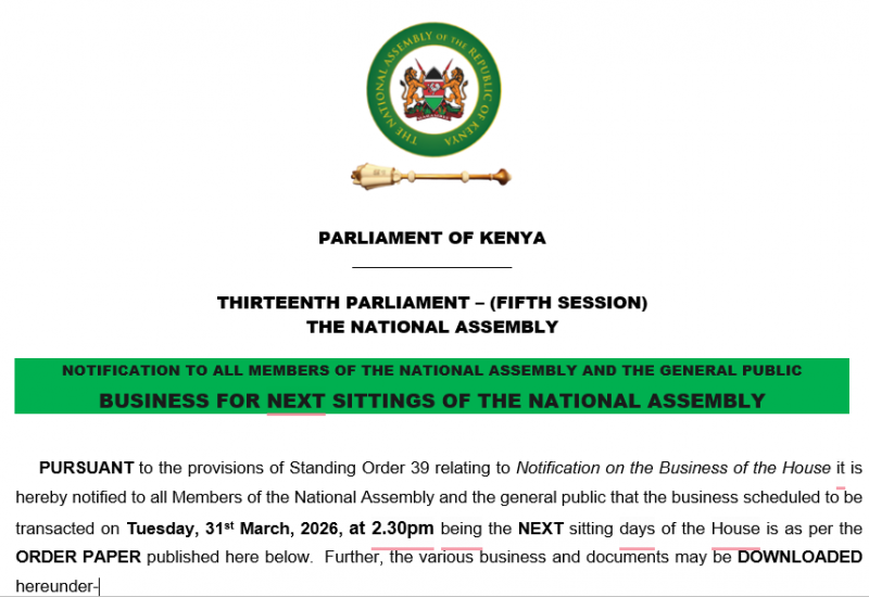 NOTIFICATION TO ALL MEMBERS OF THE NATIONAL ASSEMBLY AND THE GENERAL PUBLIC 